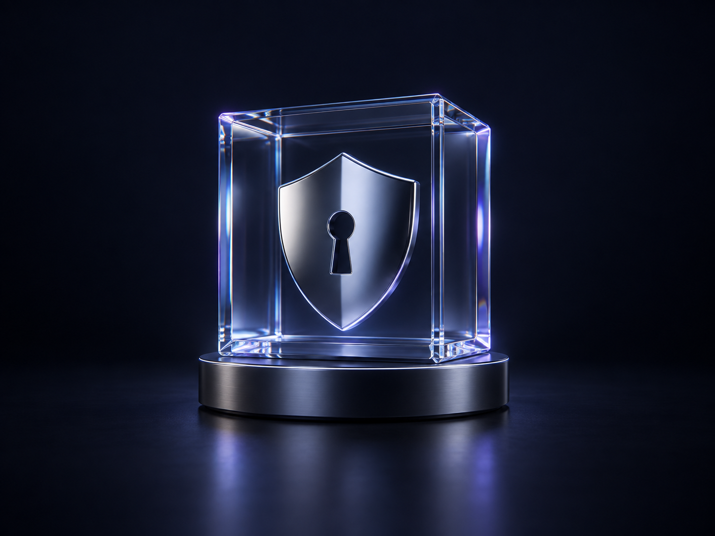 Chrome privacy shield behind the live Cuee orb, inside a glass vault